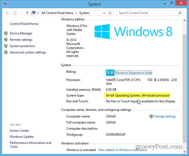 Windows 8 sistēmas tips