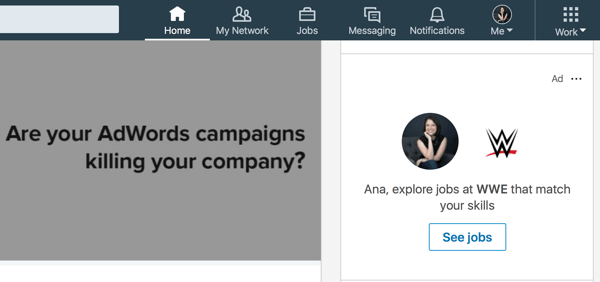 Mērķtiecīgas LinkedIn dinamiskās reklāmas piemērs.