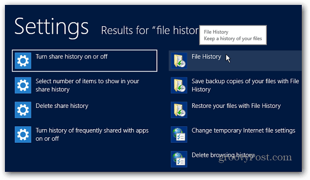 Failu vēstures iestatījumu meklēšana operētājsistēmā Windows 8