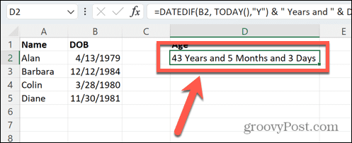 Excel vecums gados mēnešos un dienās