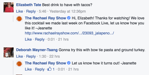 Rachel ray show facebook komentāru atbildes piemērs