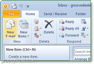 atveriet biroja perspektīvu 2010 un pēc tam noklikšķiniet uz jaunās e-pasta adreses no mājas lentes