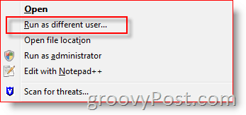 Pievienojiet Palaist kā atšķirīgu lietotāju operētājsistēmas Windows Explorer konteksta izvēlnei operētājsistēmai Vista un Server 2008:: groovyPost.com