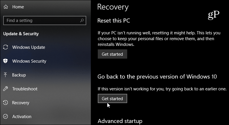 atgriezties pie iepriekšējās Windows 10 versijas