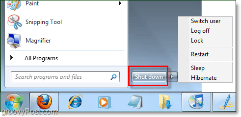 Windows 7 startēšanas izvēlnes barošanas poga ar noklusējuma īpašībām