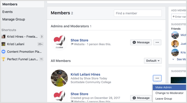 Facebook pievieno profilu grupai kā administrators