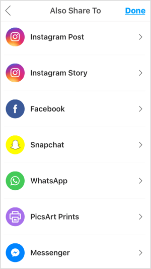 Mobilās lietotnes, piemēram, PicsArt, ļauj kopīgot savu fotoattēlu Instagram, Facebook un citās platformās.