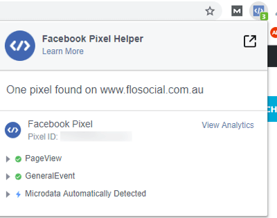 Izmantojiet Facebook notikuma iestatīšanas rīka 12. darbību - Facebook Pixel Helper paplašinājuma detaļas tīmekļa vietnes paraugam