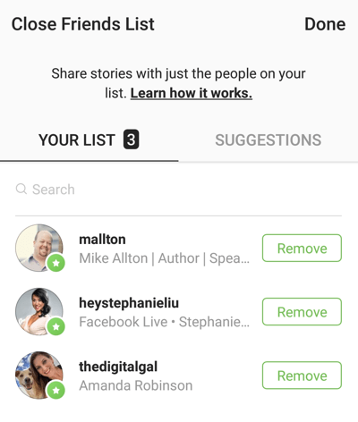 Iespēja noklikšķināt uz Noņemt, lai noņemtu draugu jūsu tuvu draugu sarakstā pakalpojumā Instagram.