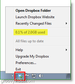 Dropbox ekrānuzņēmums - dropbox sistēmas teknes ikona šūpojas