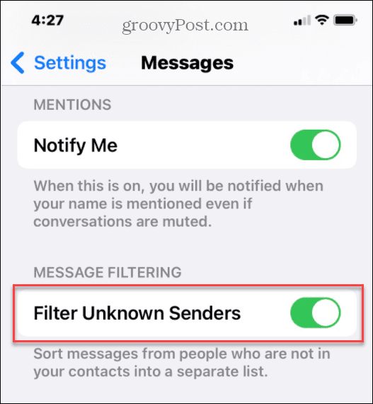 slēpt nezināmo sūtītāju surogātpasta tekstus iPhone tālrunī