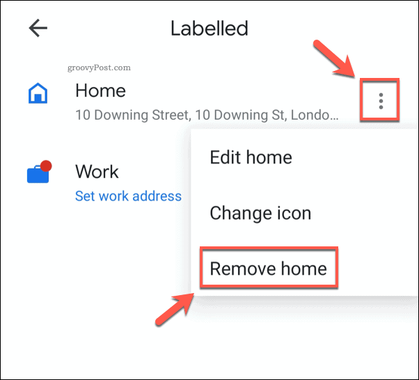 Saglabātas mājas adreses noņemšana no Google Maps mobilā tālruņa