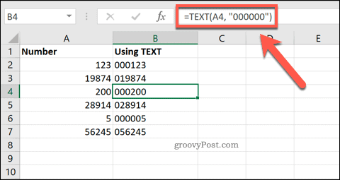 TEXT izmantošana programmā Excel, lai pievienotu sākuma nulles