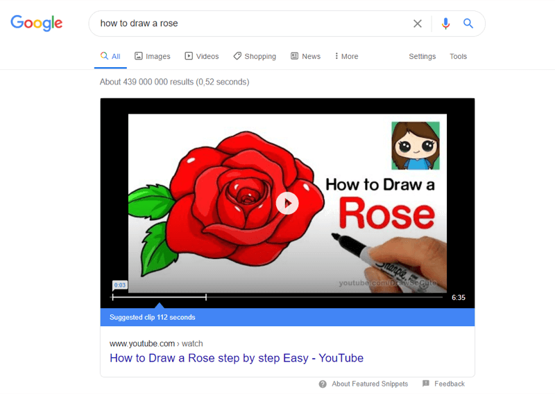 youtube video top piemērs Google meklēšanas rezultātos vaicājumam “kā uzzīmēt rozi”
