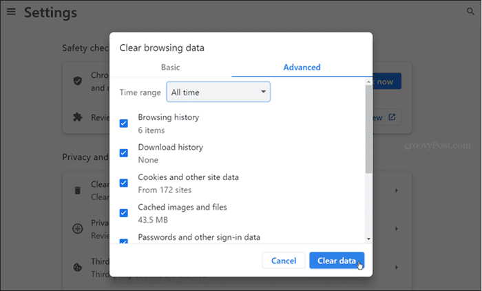 notīrīt Chrome pārlūkošanas datus