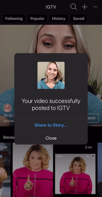 aicinājums kopīgot IGTV video vietnē Instagram Stories