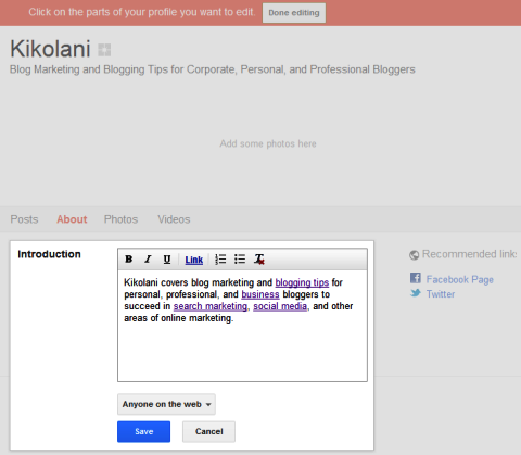 Google+ lapas - par jūsu lapas informāciju