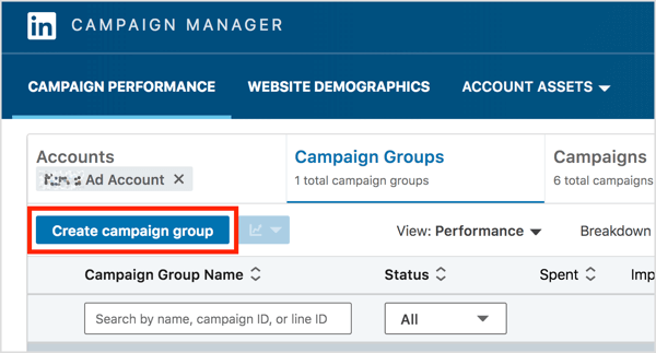 LinkedIn Campaign Manager cilnē Kampaņu grupas noklikšķiniet uz pogas Izveidot kampaņu grupu.