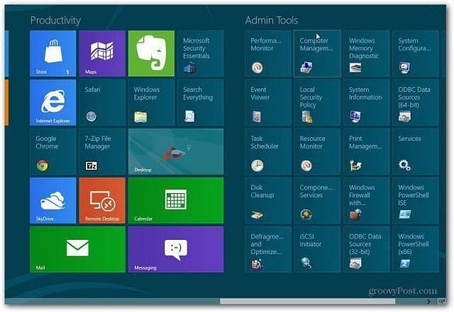 Pievienojiet Windows 8 sākuma ekrānam administratīvos rīkus