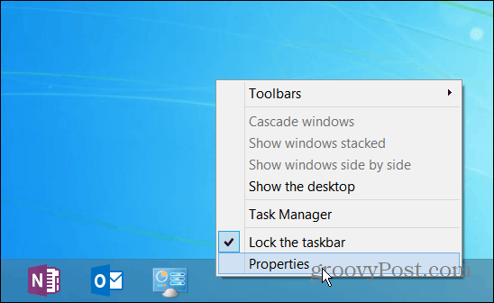 Uzdevumjoslas rekvizīti Windows 8.1