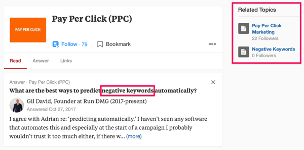 Quora meklēšanas rezultātu piemērs, ieskaitot meklēšanas vienumu “PPC” un frāzi “ierobežojošie atslēgvārdi”.