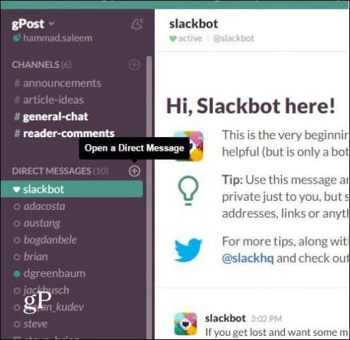 Slack Open tiešais ziņojums