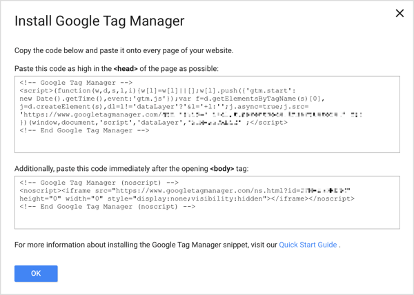 Pievienojiet divus Google tagu pārvaldnieka koda fragmentus katrai savas vietnes lapai, lai pabeigtu iestatīšanas procesu.