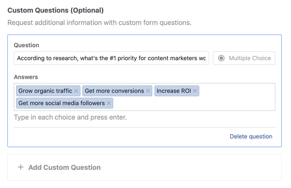 Jautājuma un atbilžu variantu piemērs jautājumam par Facebook vadošo reklāmas kampaņu.