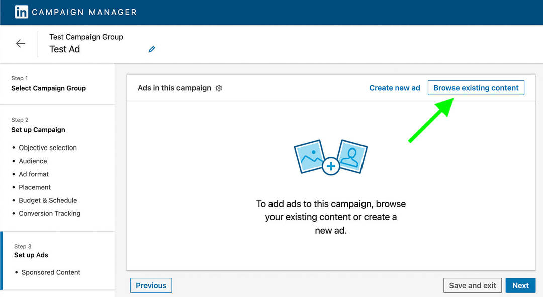 reklāmas-kampaņas-kā-izmantot-social-proof-in-linkedin-ads-browse-existing-content-campaign-manager-example-12