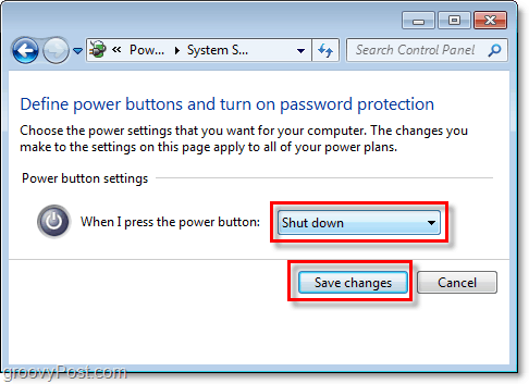 pielāgojiet, ko veiks jūsu Windows 7 izslēgšanas poga, noklikšķiniet uz Saglabāt izmaiņas, lai pabeigtu