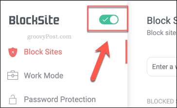 Poga BlockSite iespējot pārlūkā Chrome