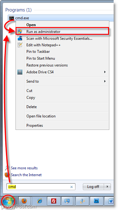 Windows 7 ekrānuzņēmums - sākot cmd kā administratoram