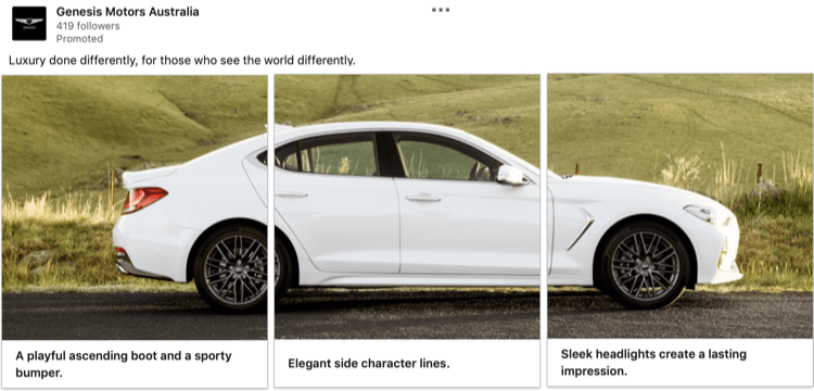Genesis Motors LinkedIn karuseļa reklāma, kas demonstrē automašīnu