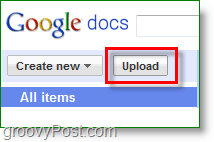 Google dokumentu ekrānuzņēmums - augšupielādes poga