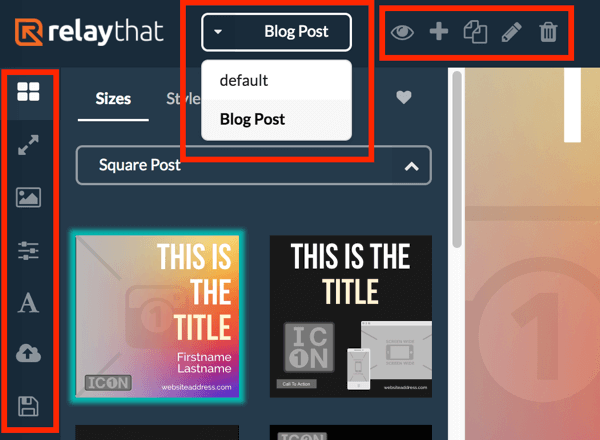 Izmantojiet kreiso izvēlni, lai apskatītu dažādus RelayThat projekta izkārtojumus, un augšējo izvēlni izmantojiet, lai atlasītu savu projektu.