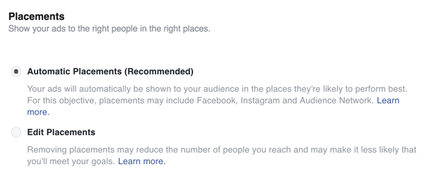 Atlasiet izvietojumus savai Facebook reklāmai.