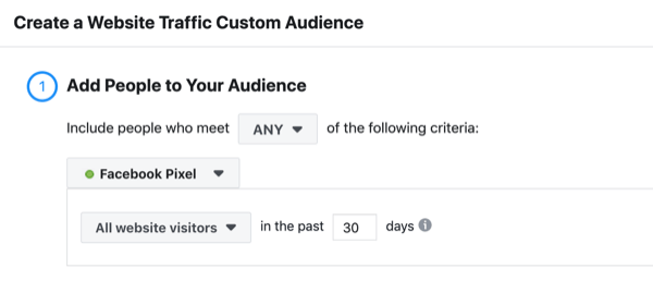 Facebook reklāmas piltuvju ietvara vietnes pielāgotā auditorija.