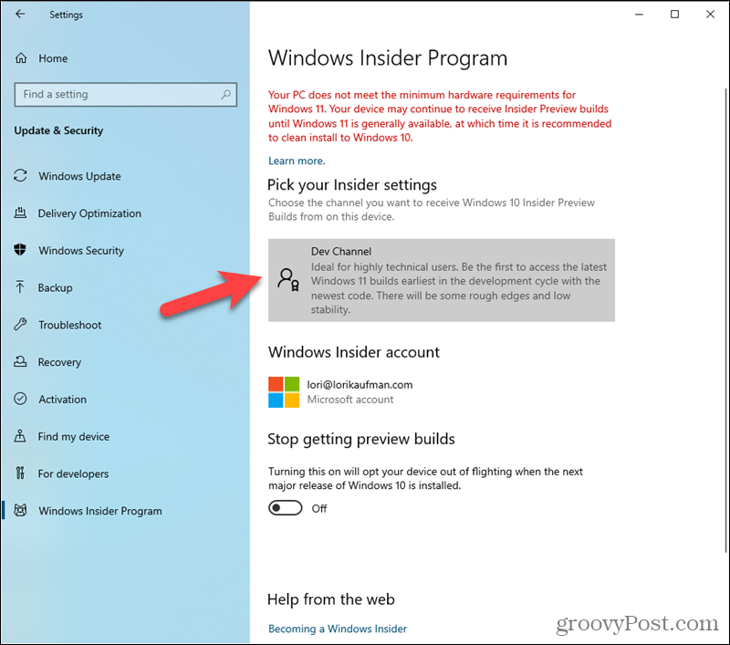 Izstrādātāja kanāls iestatīts Windows Insider programmas iestatījumos