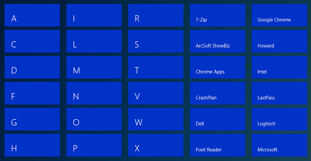 Windows 10: izvēlnē Sākt atrodiet lietotnes pēc pirmās vēstules