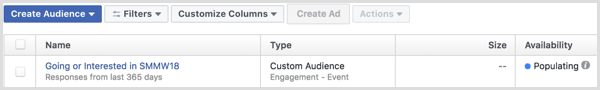 Facebook Ads Manager izveido reklāmu ar pielāgotu mērķauditoriju