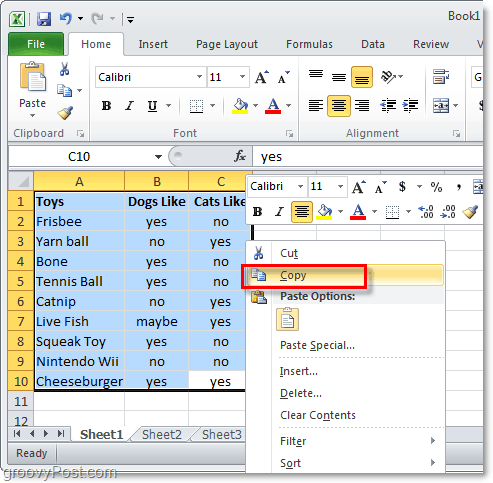 kopējiet visu Excel 2010 datu lapu izkārtojuma konvertēšanai