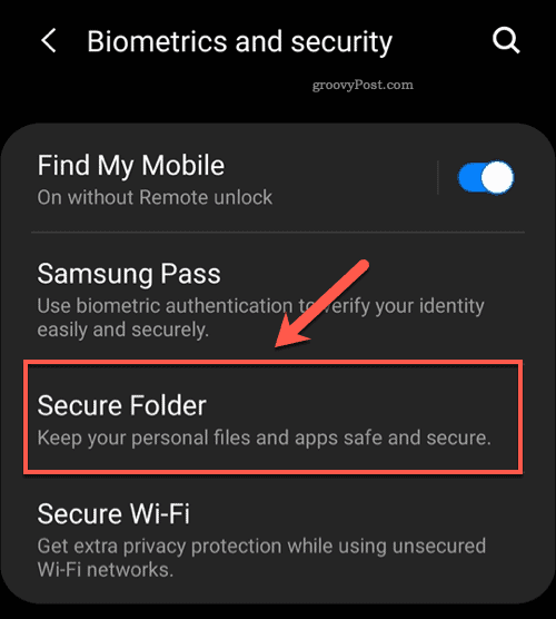 Android drošās mapes izvēlnes opcija
