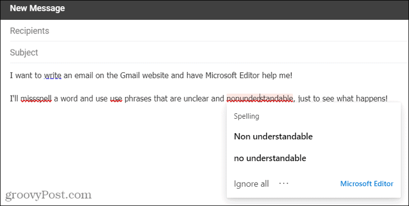Microsoft redaktors pakalpojumā Gmail, izmantojot Edge paplašinājumu