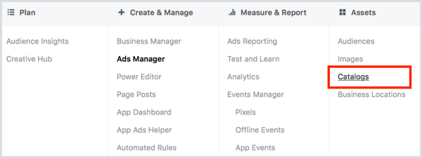 Facebook Ads Manager slejā Aktīvi noklikšķiniet uz saites Katalogi.