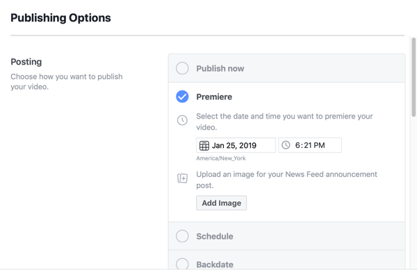 Kā iestatīt Facebook Premiere, 5. darbība, publikāciju plānošanas iestatījumi