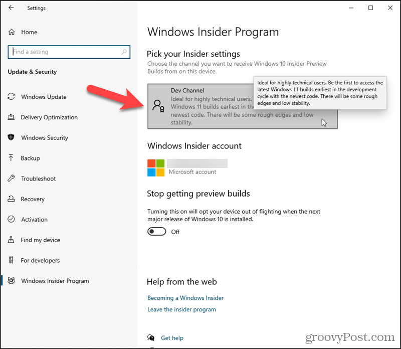 Noklikšķiniet uz Izstrādātāja kanāls sadaļā Izvēlieties iekšējās informācijas iestatījumus sistēmā Windows 10