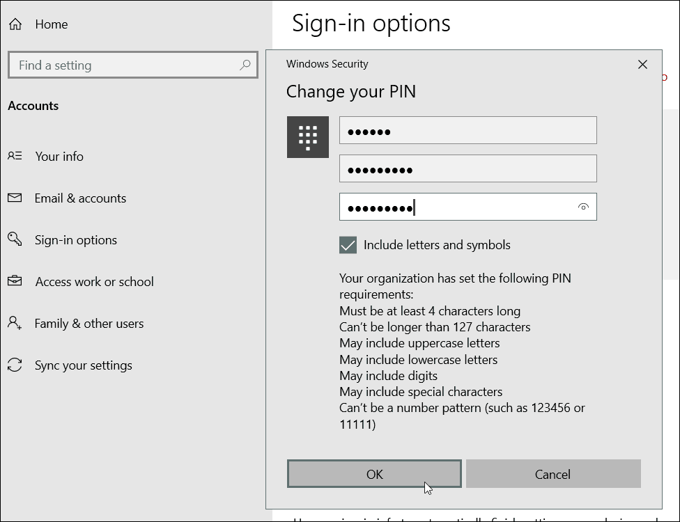 Īpašo rakstzīmju PIN prasības Windows 10