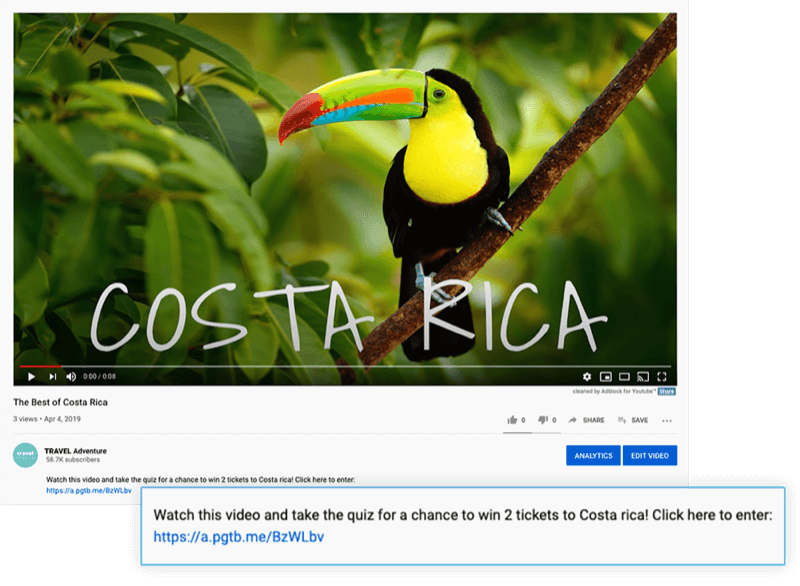 izceltais youtube video apraksts ar piedāvājumu noskatīties video un piedalīties viktorīnā, lai iegūtu iespēju laimēt 2 biļetes uz Kostariku