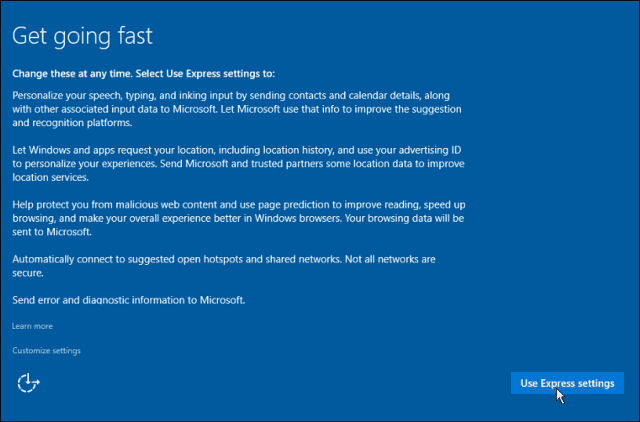 Express iestatījumi Windows 10