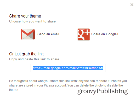 Gmail pielāgotajās motīvos tiek kopīgota jūsu motīvu saite